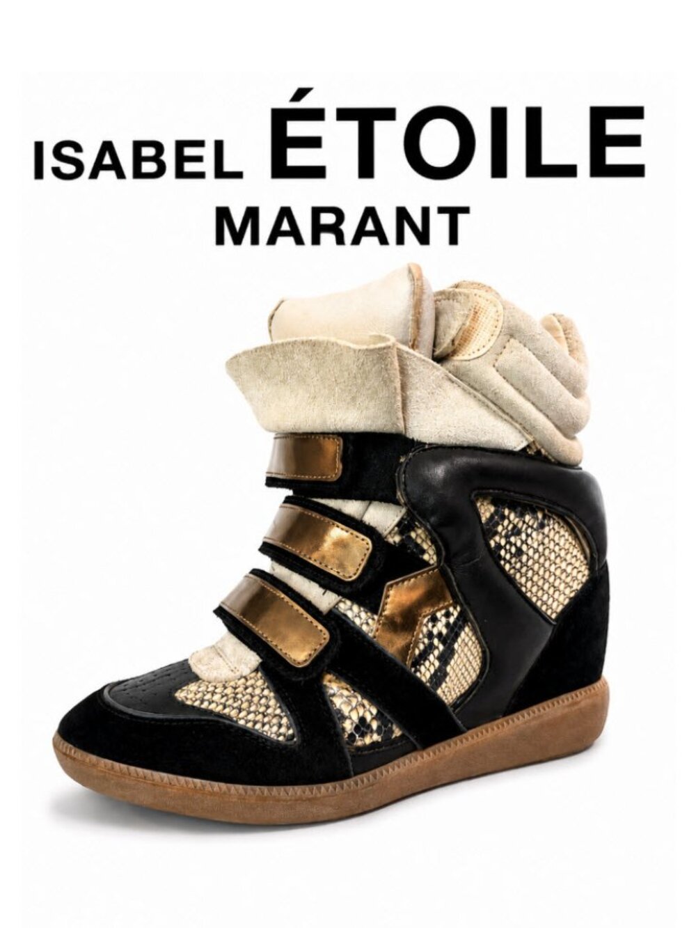 Isabel Etoile Marant Bekett Wedge Sneakers Python Gold Strap EU 36 Black Cream